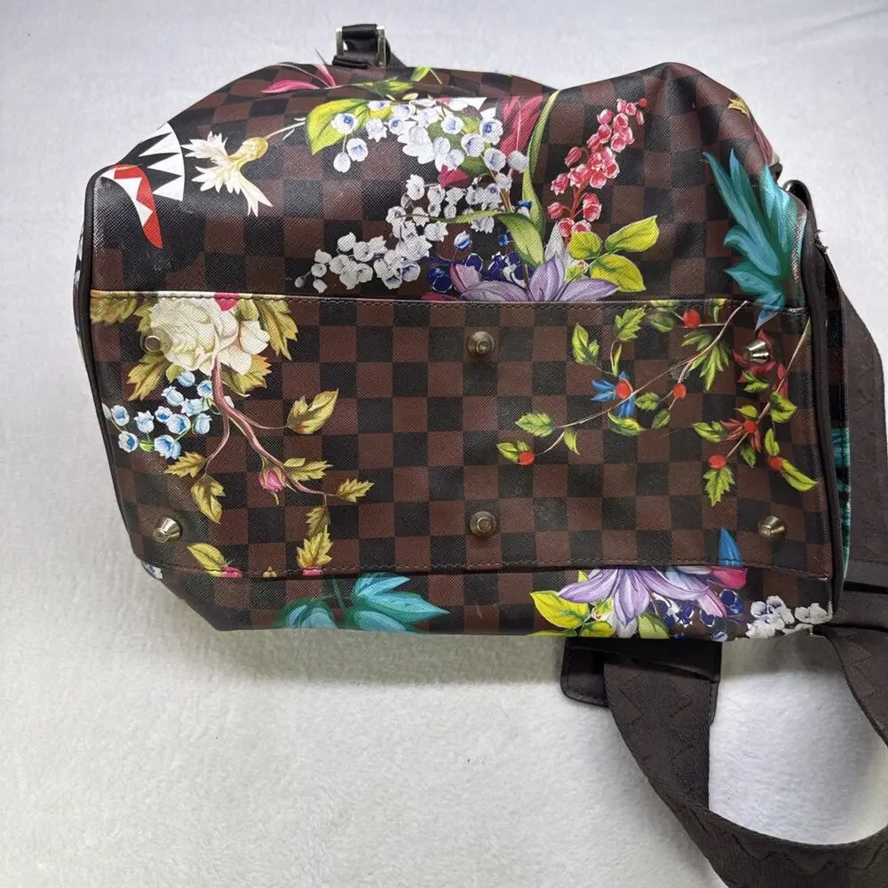 Sprayground Floral Checkered Satchel Gold Hardware Adjustable Strap Blue Lining